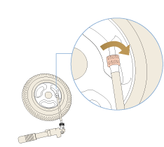 將充氣管前側螺帽與輪胎充氣孔連結並鎖緊